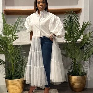 Elegant White Tulle Overlay Dress Shirt